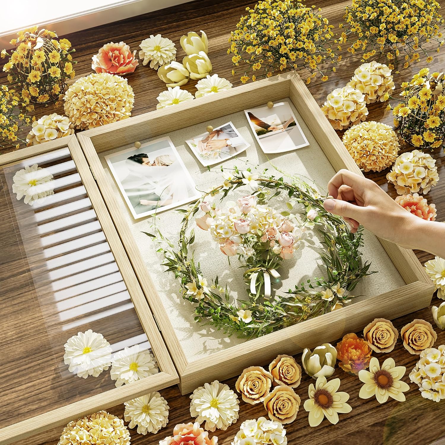 SZQINJI Shadow Box Frame 13x16 Deep Large Memory Box Display Cases, Natural | Shadow Box, Front Opening Vintage Lock