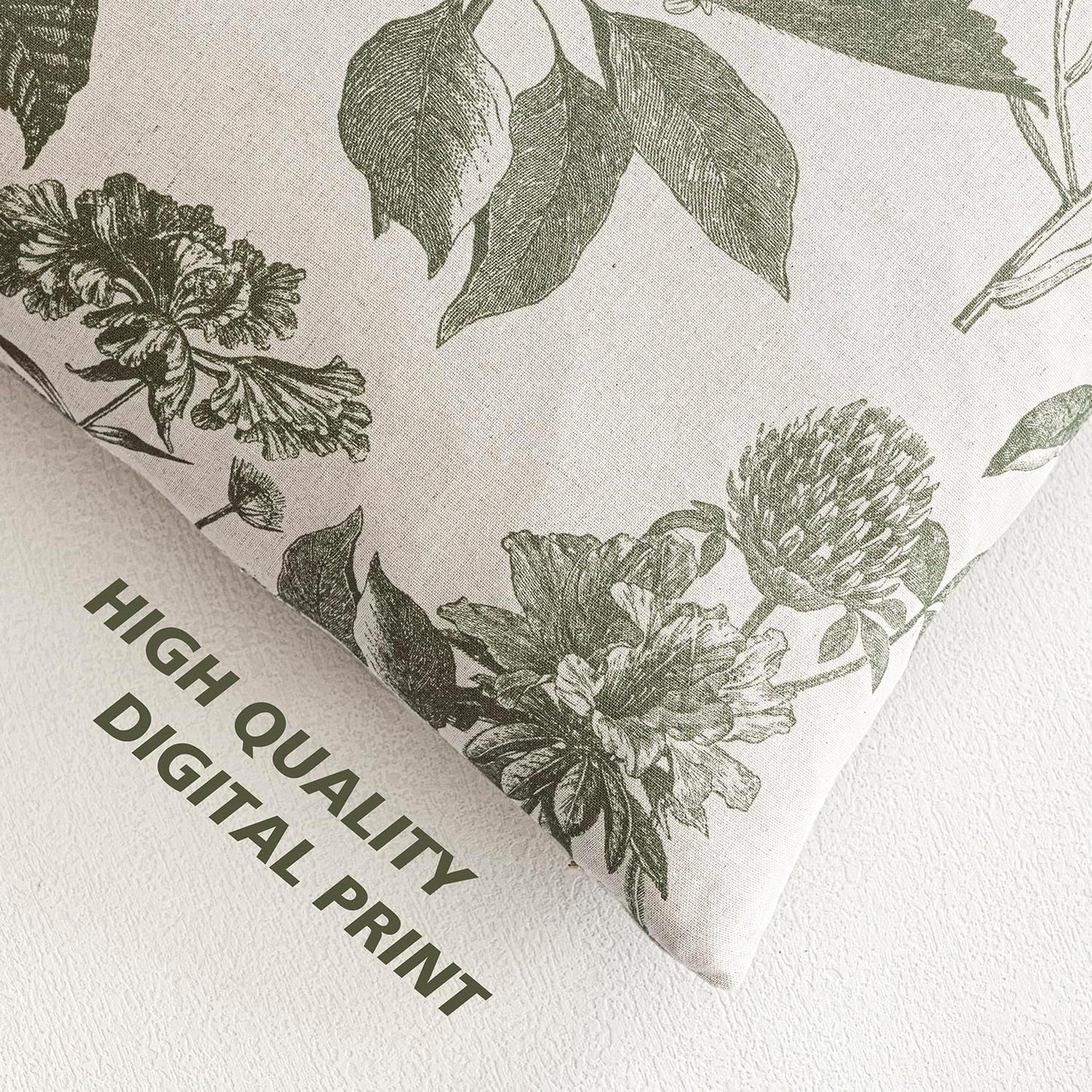 Linen Floral Vintage Throw Pillow Covers Neutral Accent Print / 18 x 18 / Cedar Green / Set of 2