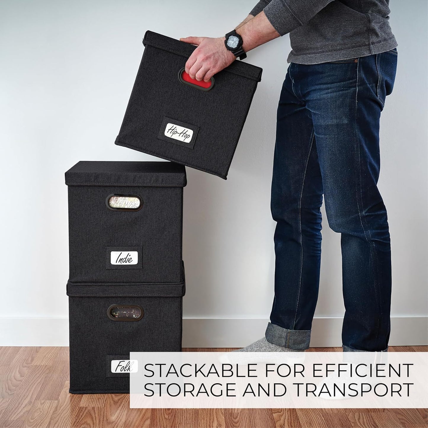 Decorative Vinyl Record Storage Box for 50+ Single Records - LP Holder | Sturdy and Easy to Carry Crate with Lid - The