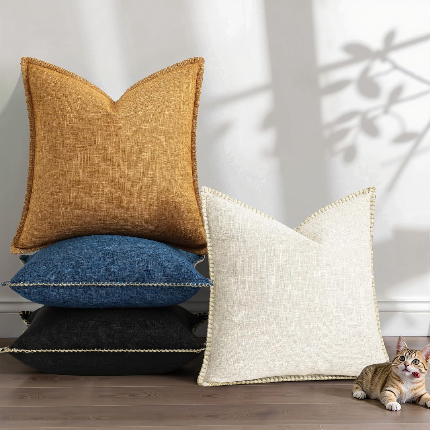 Fall Decorative Throw Pillow Covers Square Faux Linen Outdoor Neutral / Black / 18 x 18 / Set of 2