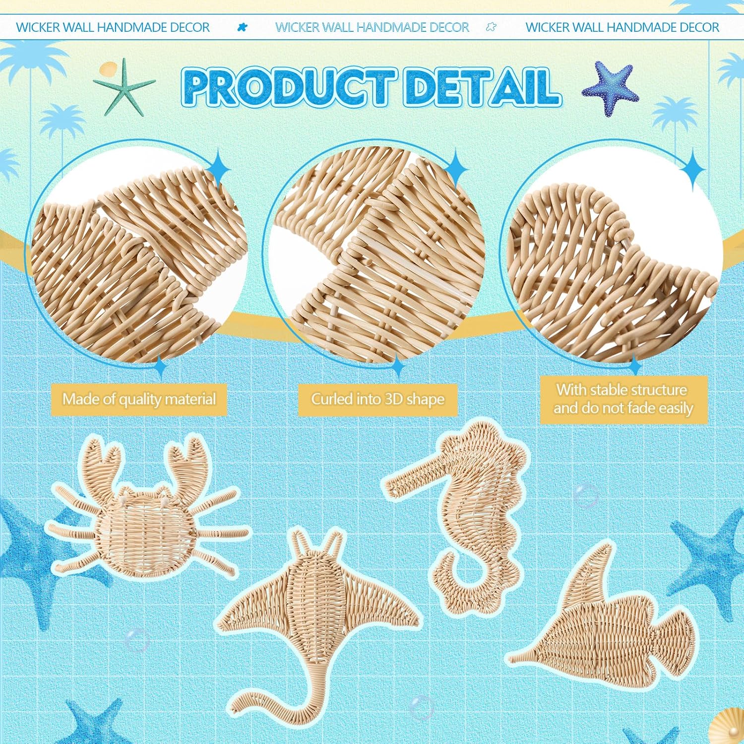 Wicker Sea Wall Decor Fish Stingray Crab Seahorse Hanging Decors Handmade Wicker Beach / Set of 4