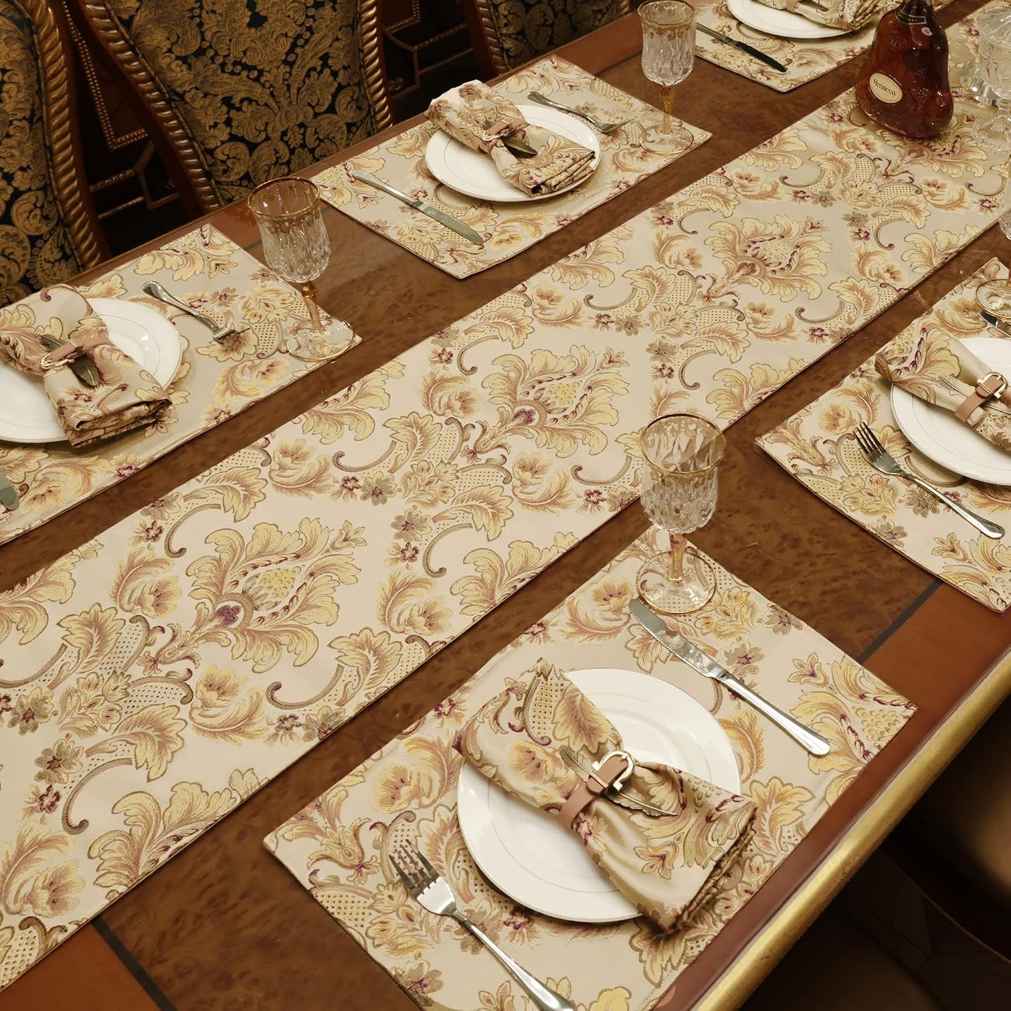 Loom and Mill Luxury Jacquard Damask Table Runner 13x90 inch, Khaki | Thick Fabric Floral Table Runners with Handmade