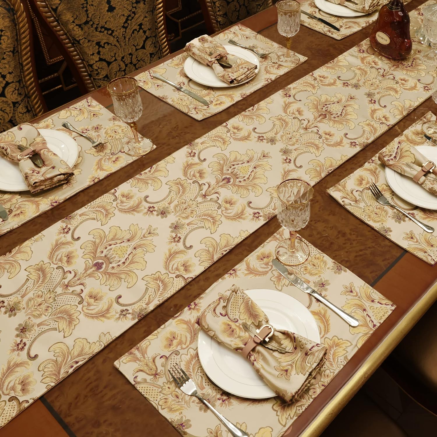 Loom and Mill Luxury Jacquard Damask Table Runner 13x90 inch, Khaki | Thick Fabric Floral Table Runners with Handmade