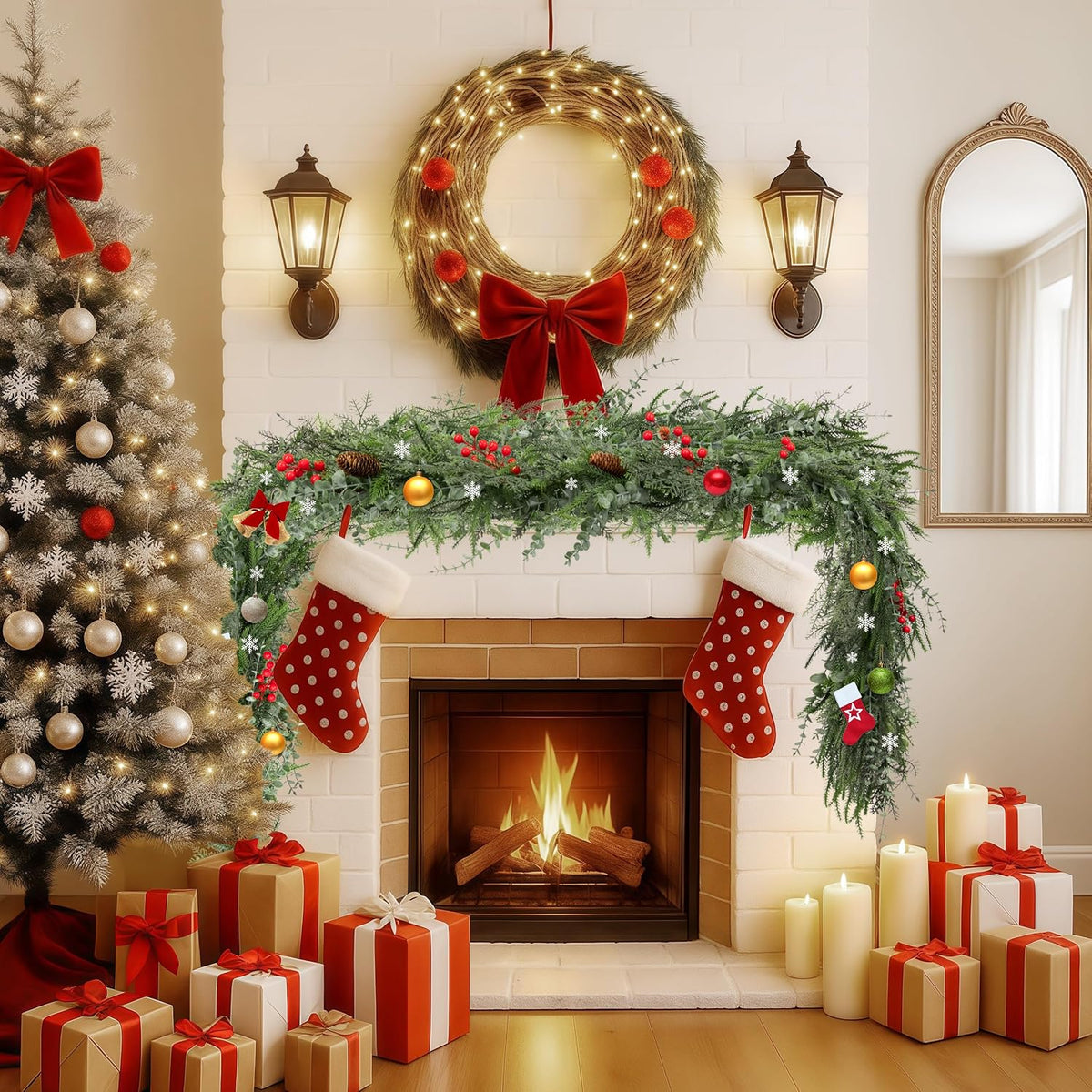 9FT Artificial Norfolk Pine Christmas Garland, Winter Decor | Winter Cedar Eucalyptus Greenery Realistic Tree for