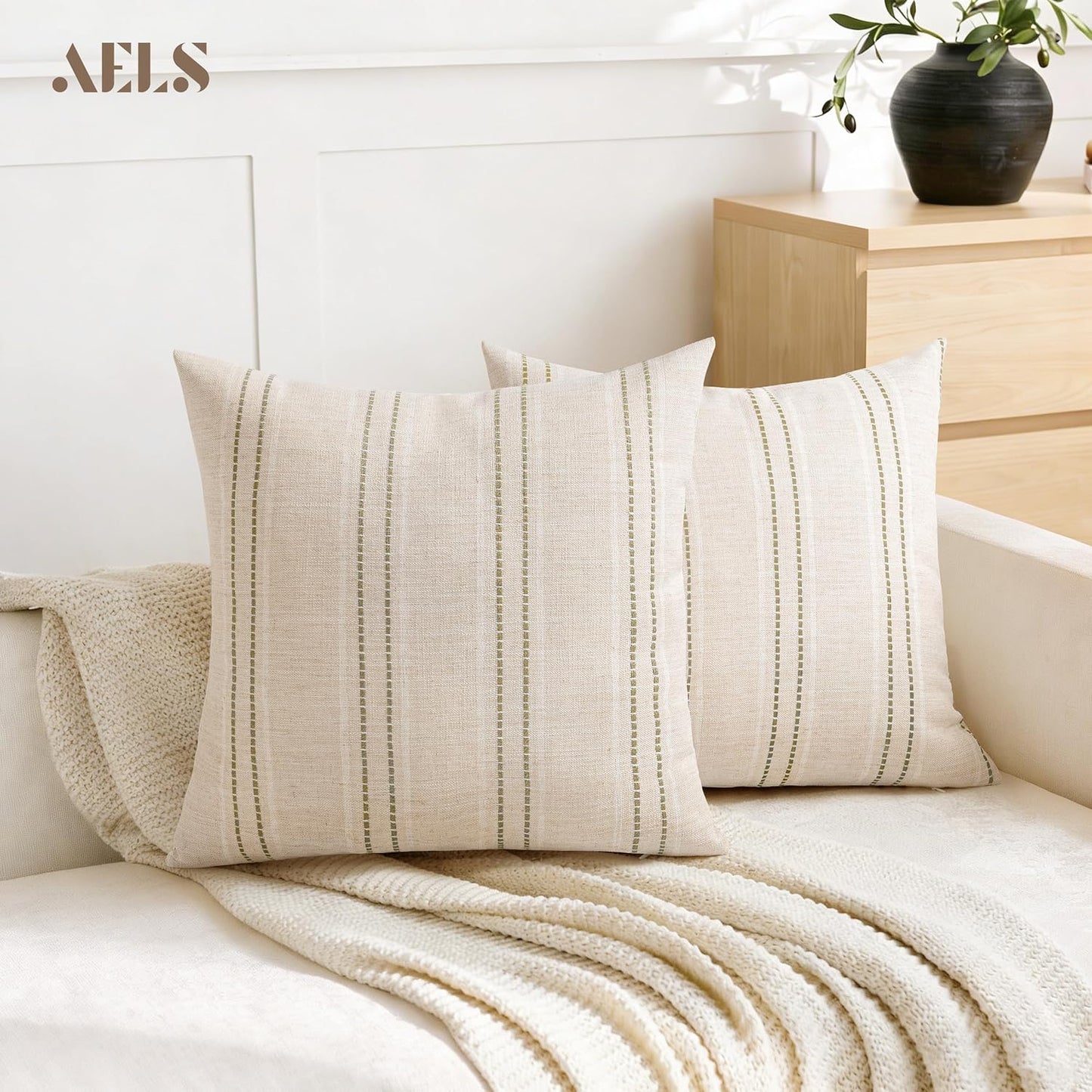 Boho Textured Pillow Case / Beige with White & Brown / 18 x 18 / Set of 2