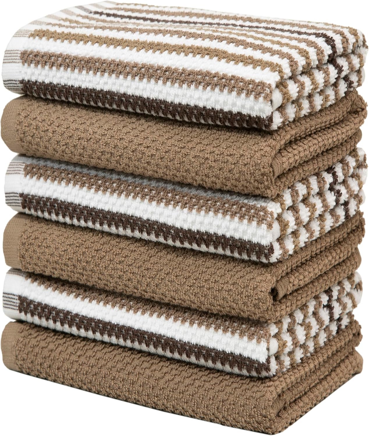 Bumble Kitchen Towels 6 Pack 100% Cotton 16"x26" - Tan Wide Stripe | 430 GSM Soft Kitchen Hand Towels with Hanging