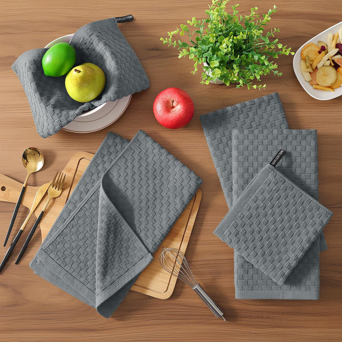 Homaxy 100% Cotton Terry Kitchen Towels(15" x 25", 12 Pack), Dark Grey | Soft and Super Absorbent Dish Towels, 380 GSM