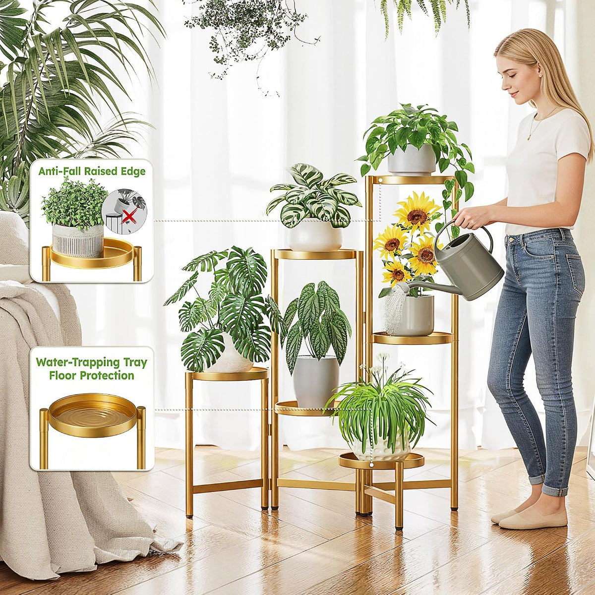6 Tiered Plant Stand Indoor for Multiple Large Planter, Tall Heavy Duty Adjustable Folding Rack with Rustproof 7.9 Inch