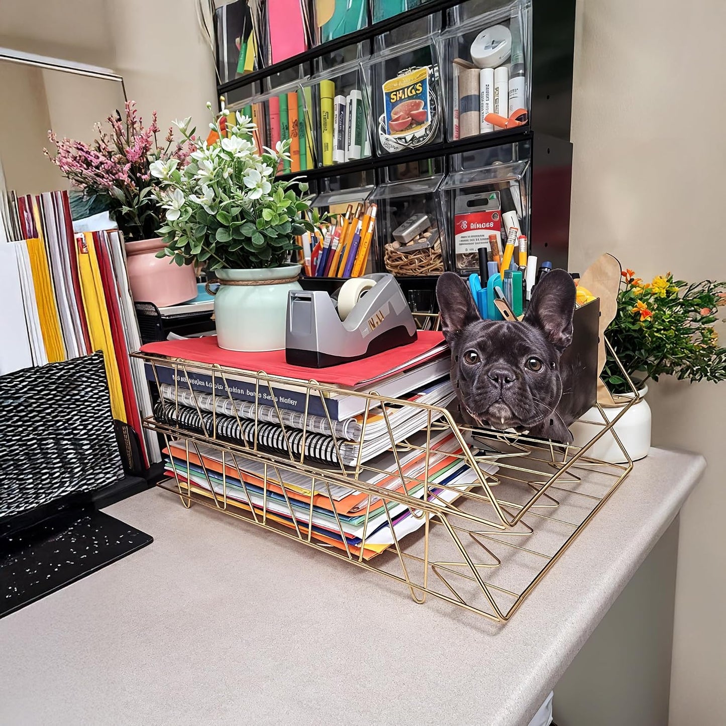 Performore 11x17 Stackable Metal Paper Tray Organizer, 2-Tier Wire Desk Trays for Office & Home, Gold File Holder for