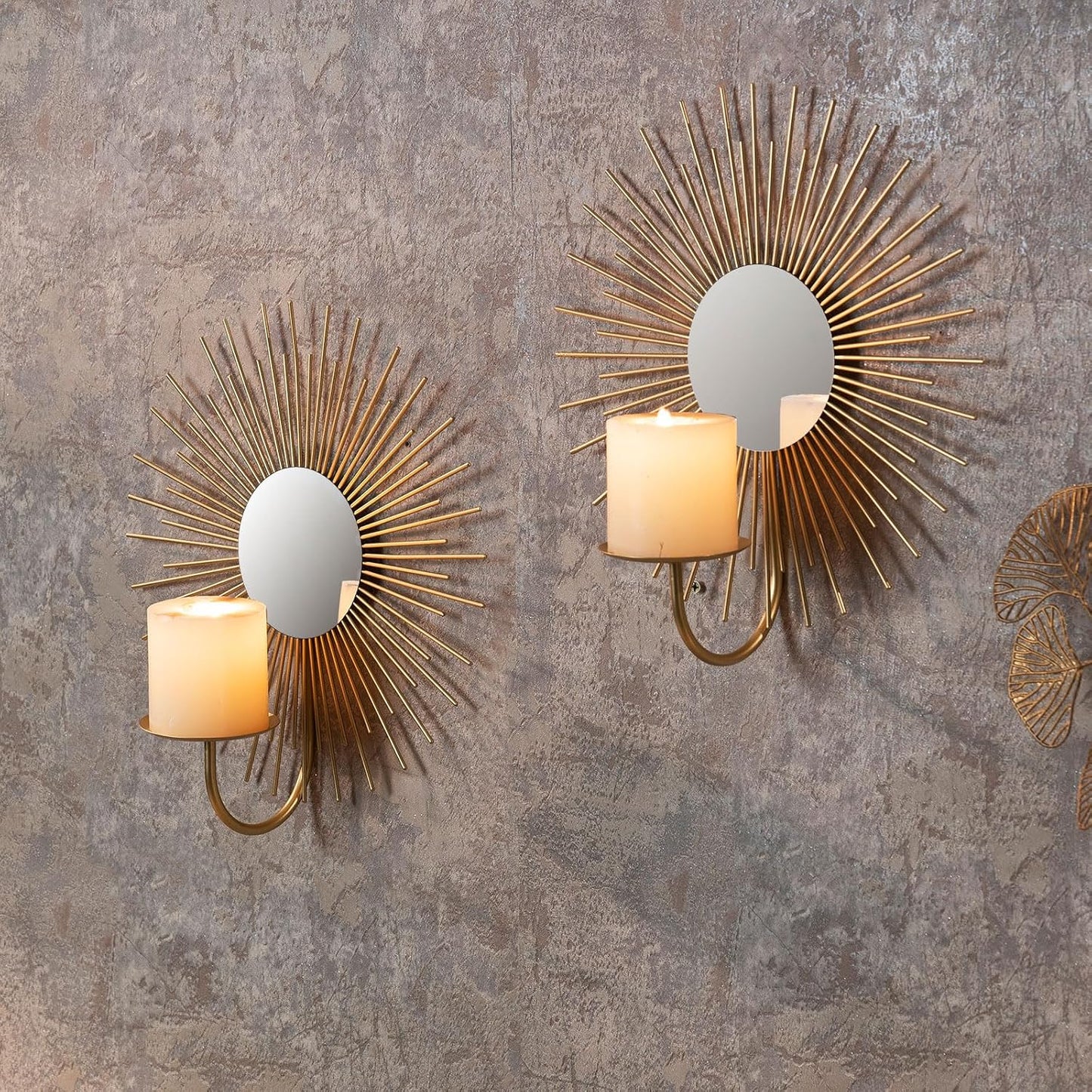 AIM & GGKK Wall Candle Sconce Holder,Set of 2 Mirror Wall Mounted Metal Candle Holder for Home,Living Room, Dining