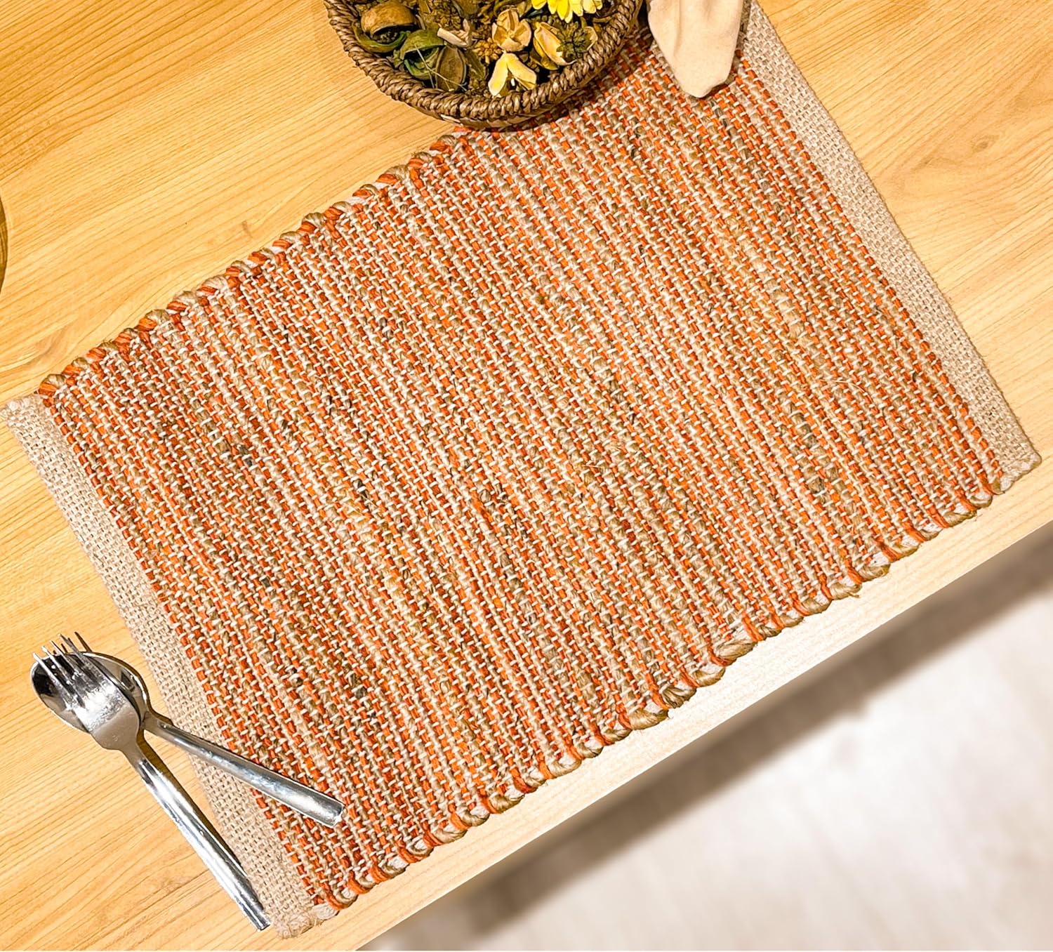 Natural Jute & Rust Orange Placemats, Set of 4 – Rustic Handmade Boho Table Mats, 13x19 Inch Dining Table Placemats for