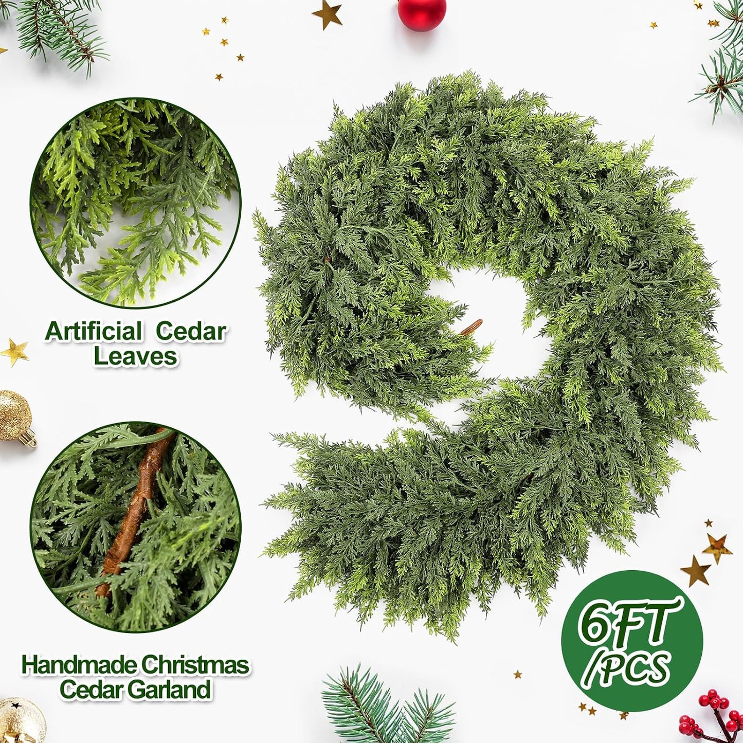 1 Pcs 6 ft Christmas Artificial Cedar Garland Realistic Soft and Thickness Green Full Faux Cedar Pine Garland for