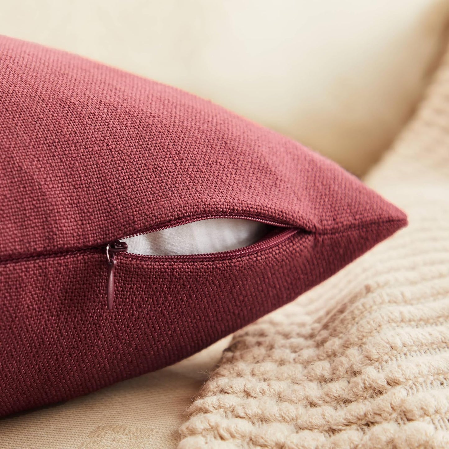 Rustic Cotton Linen Throw Pillow Covers / Burgundy / 18 x 18 / Set of 2