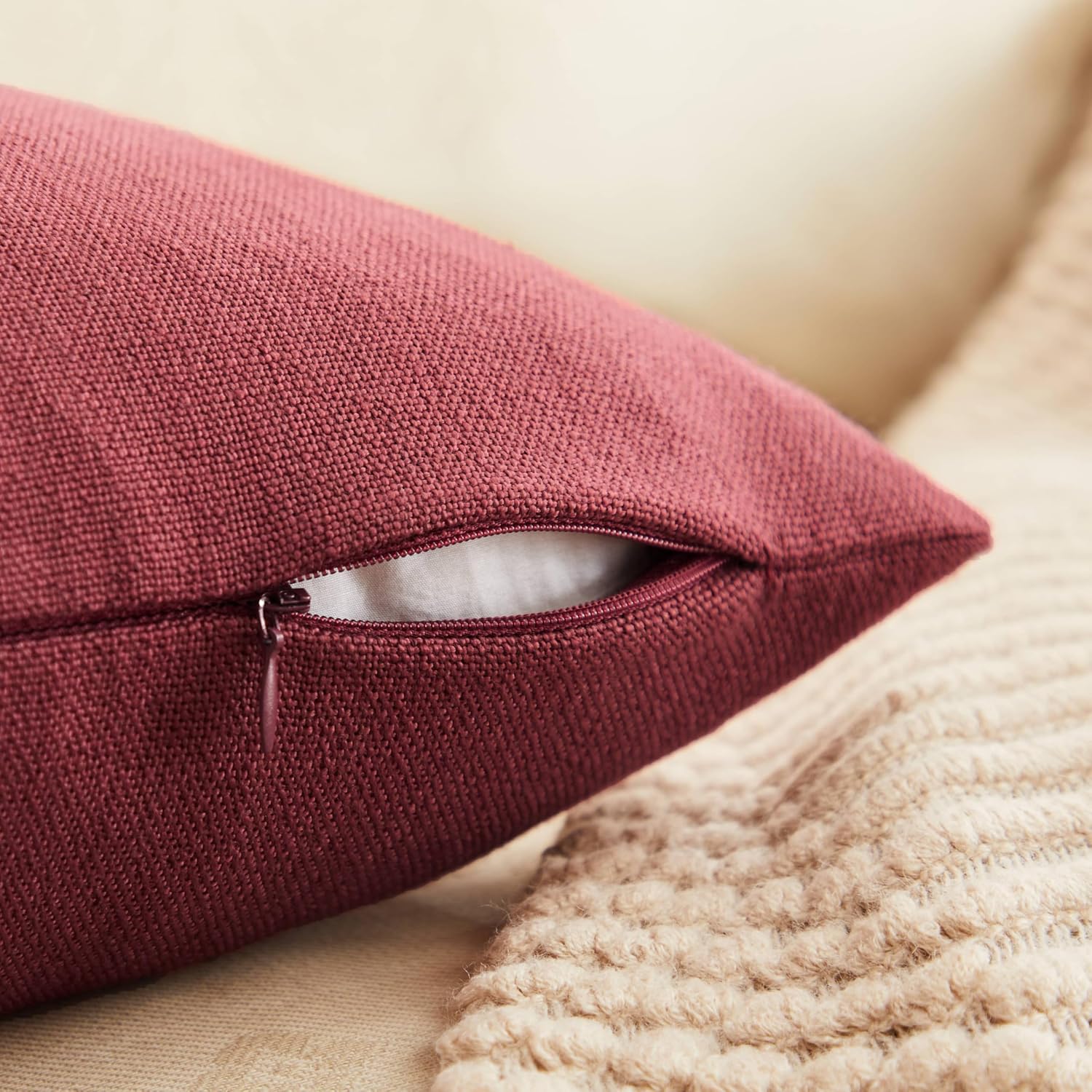 Rustic Cotton Linen Throw Pillow Covers / Burgundy / 18 x 18 / Set of 2