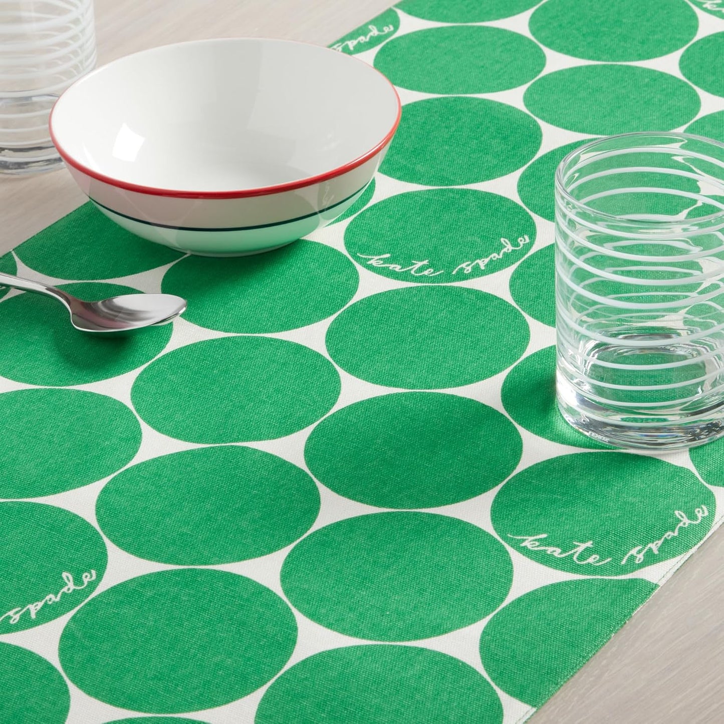 kate spade new york in The Loop & Joy Dot Reversible Table Runner, 100% Cotton, Machine Washable, Green/Cream, 15"x108"