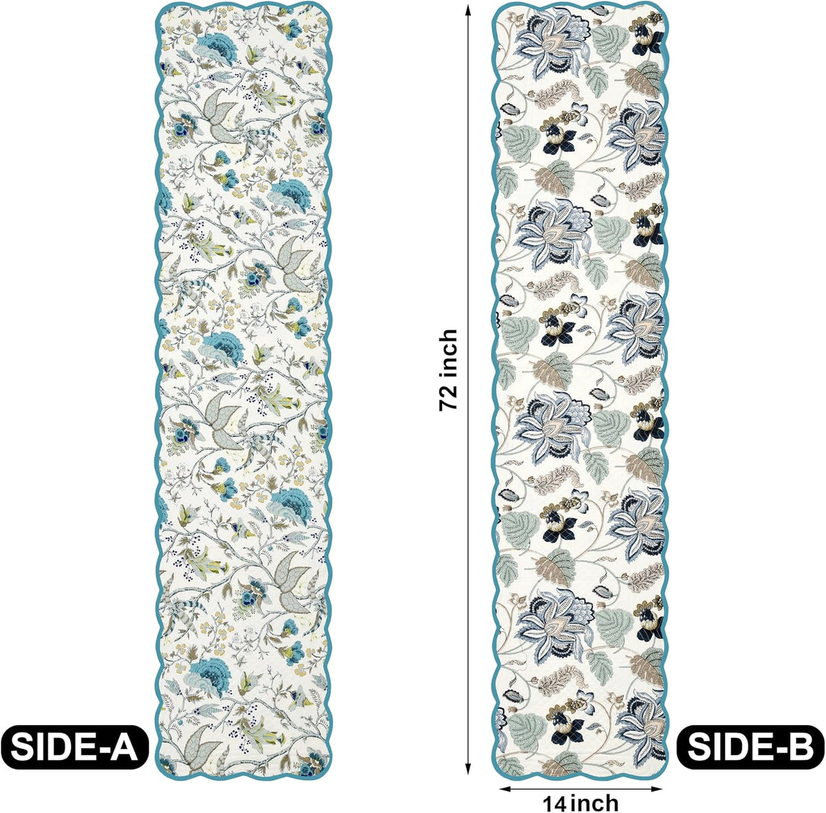 Coastal Blues Luxury Handcrafted Runner (Reversible) Cotton Quilted Fabric Machine Washable – Elegant Home Decor – 14 x