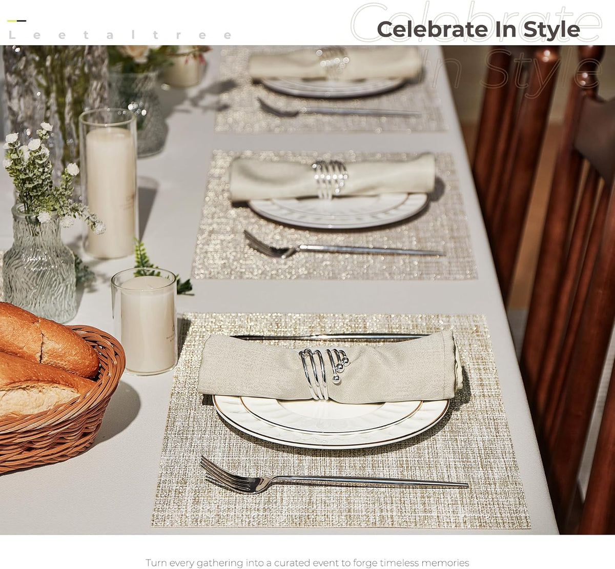 Leetaltree Woven Vinyl Placemats Set of 12,Beige and Gold | High Density，Stain Resistant, Easy to Clean, Washable Table