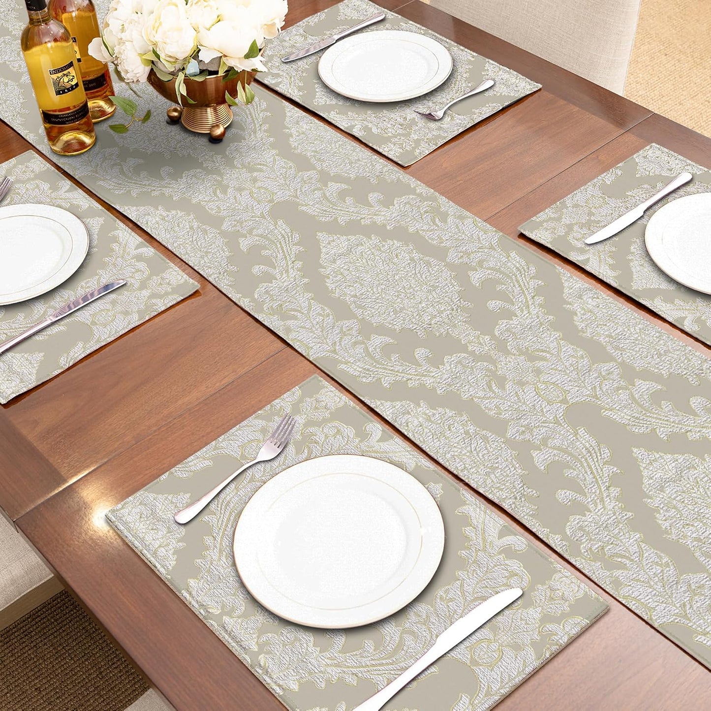Loom and Mill Luxury Damask Jacquard Placemats Set of 6, Beige, 12x18 in | Non-Slip Table Place Mats for Home Kitchen