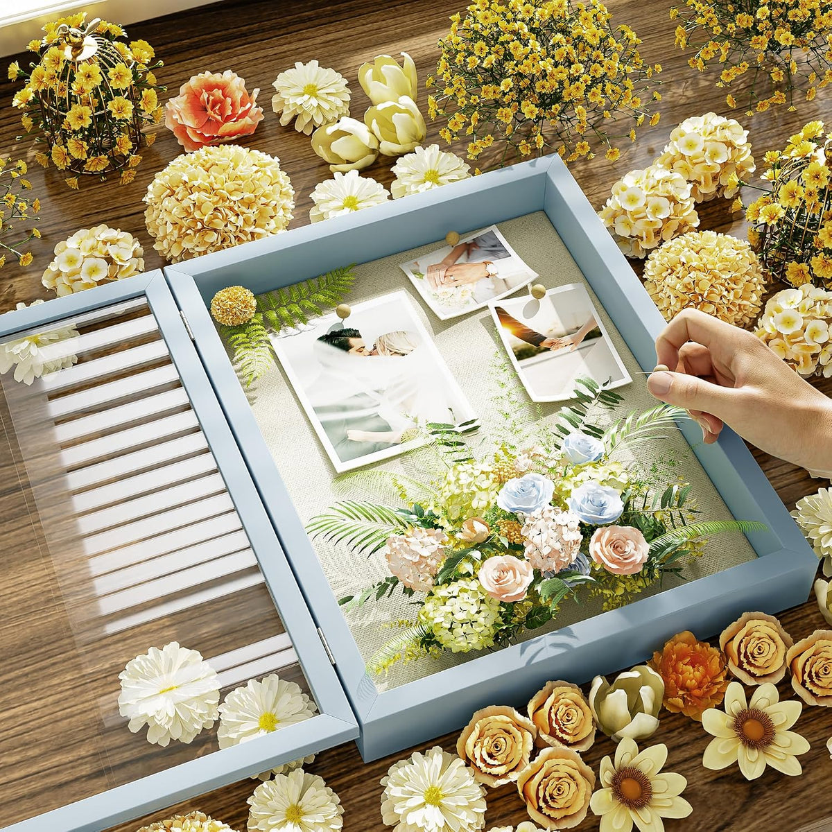 SZQINJI Shadow Box Frame 11x14 Deep Diamond Shape Display Cases, Blue | Wood Memory Box, Front-Opening Glass Door