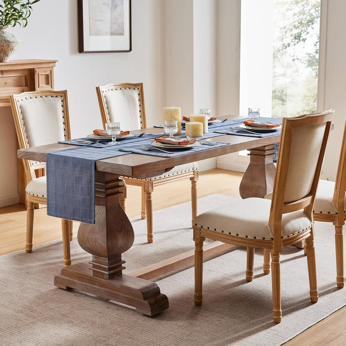 Linen Checked Farmhouse Placemats Set of 6, Blue 13x19in | Double Layer, Reversible, Thick Textured Table Mats, Raised