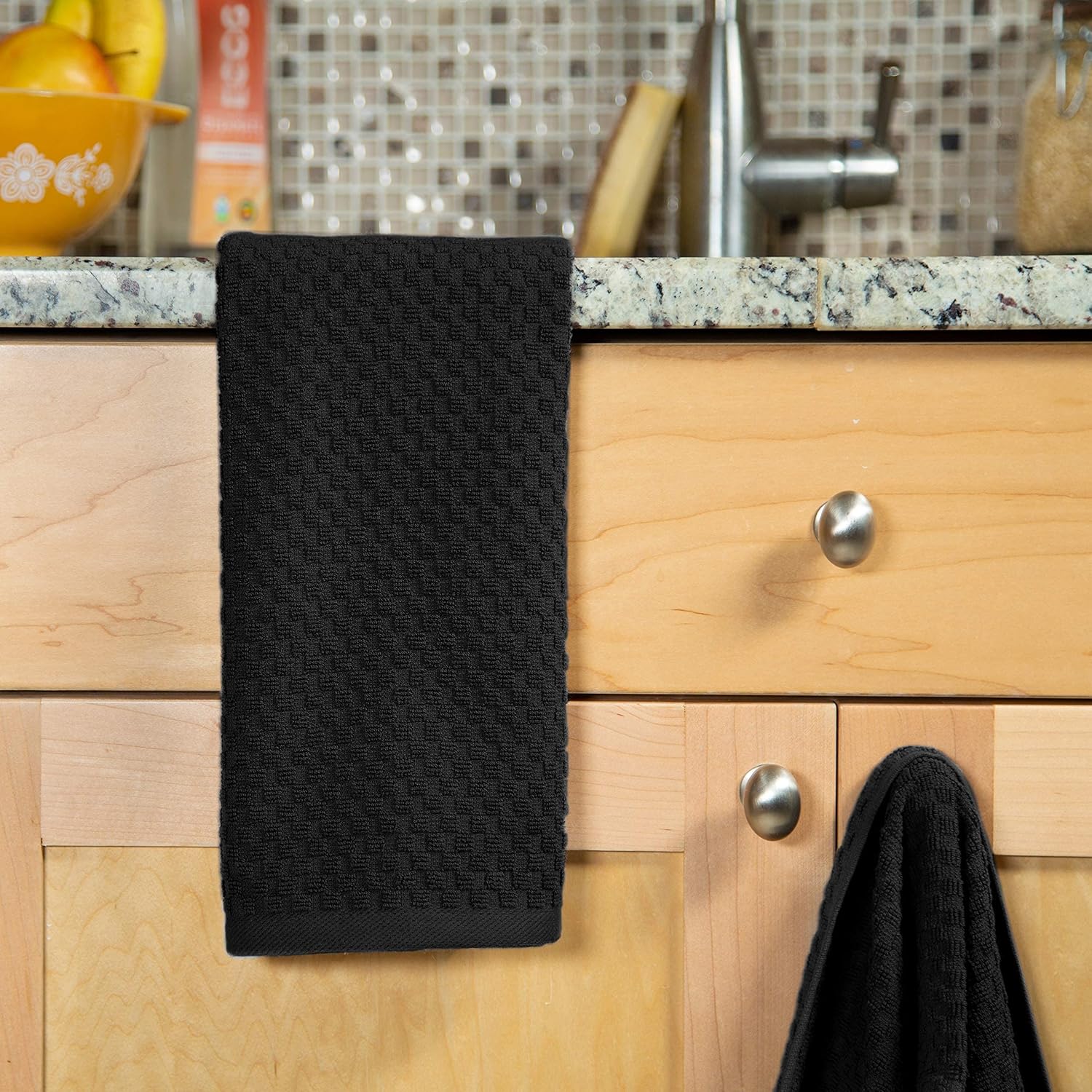COTTON CRAFT Amazing Kitchen Towel - 12 Pack 100% Cotton Waffle Terry Towel | Black - 16x28 inch Euro Café Waffle Weave