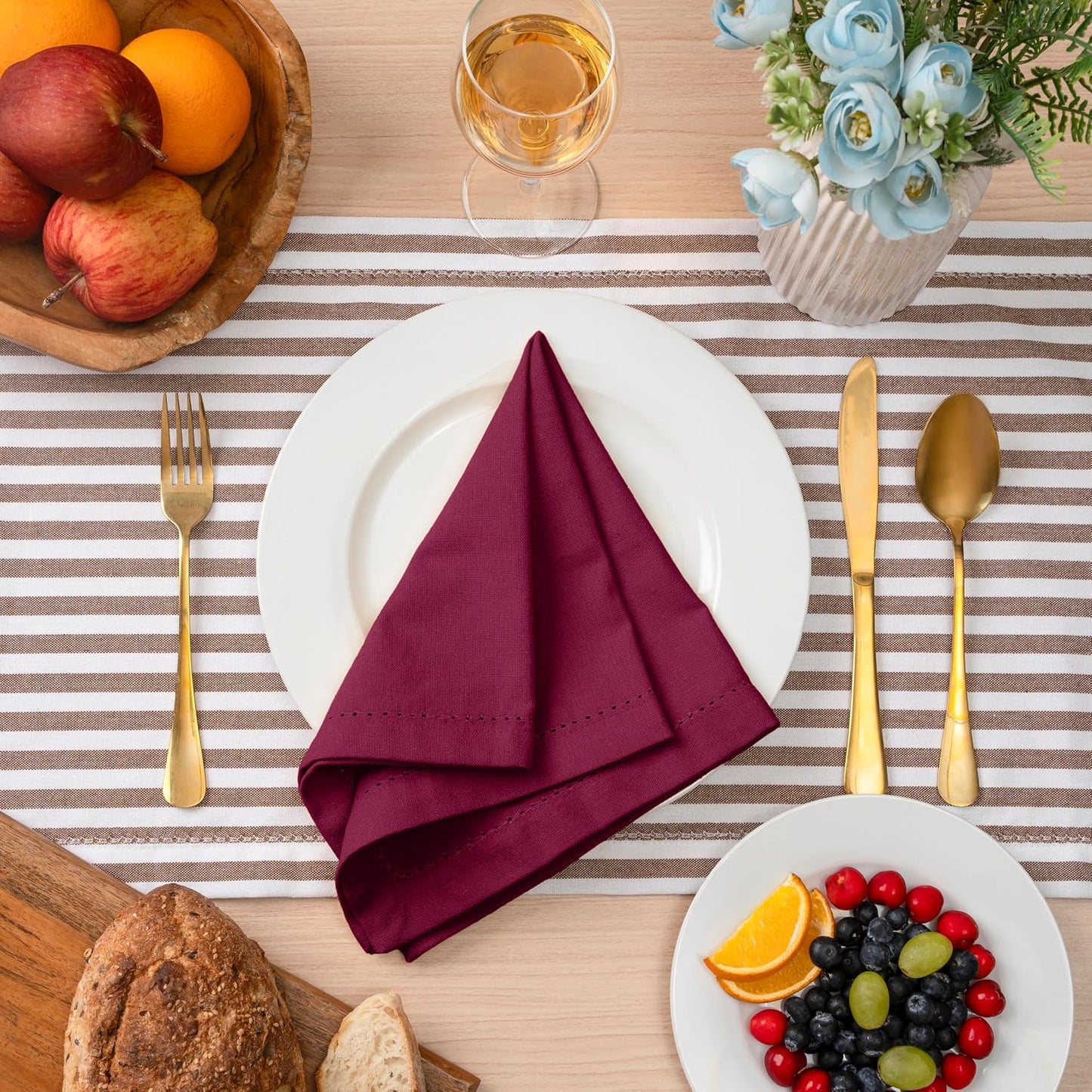 Blue Needles Set of 12 Hemstitch Linen Napkins 100% Cotton Burgundy Cloth Dinner Napkins 18x18 inches, Soft, Reusable