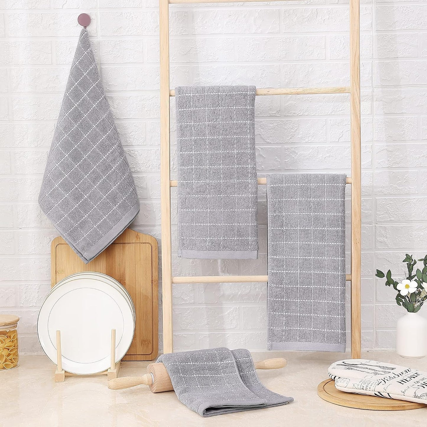 Homaxy 100% Cotton Terry Kitchen Towels, 8 Pack, Light Grey | Ultra Soft and Absorbent Dish Towels for Kitchen
