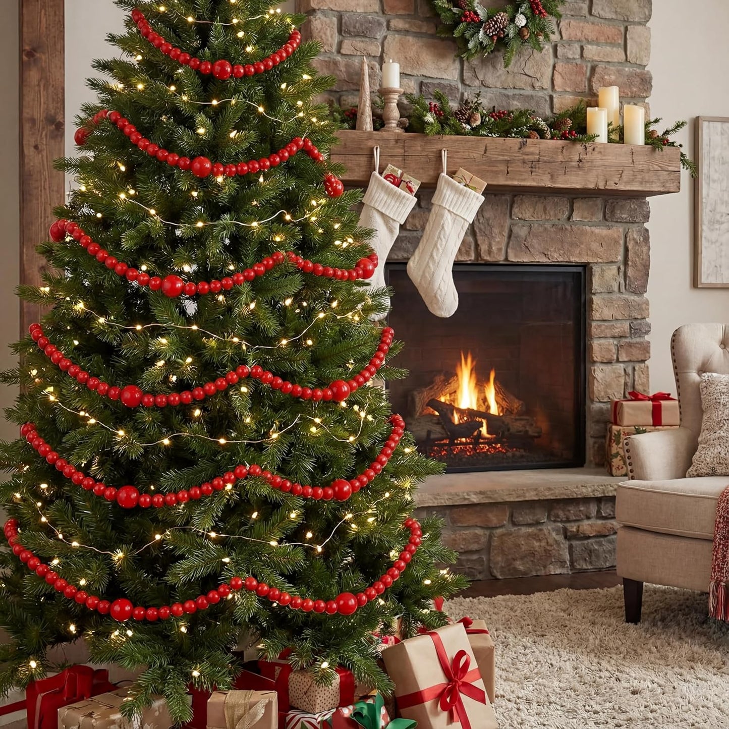 8 Pack 9 ft Rustic Christmas Wood Bead Garland for Xmas Tree Mantel Fireplace Stairs Coffee Table Decor Farmhouse