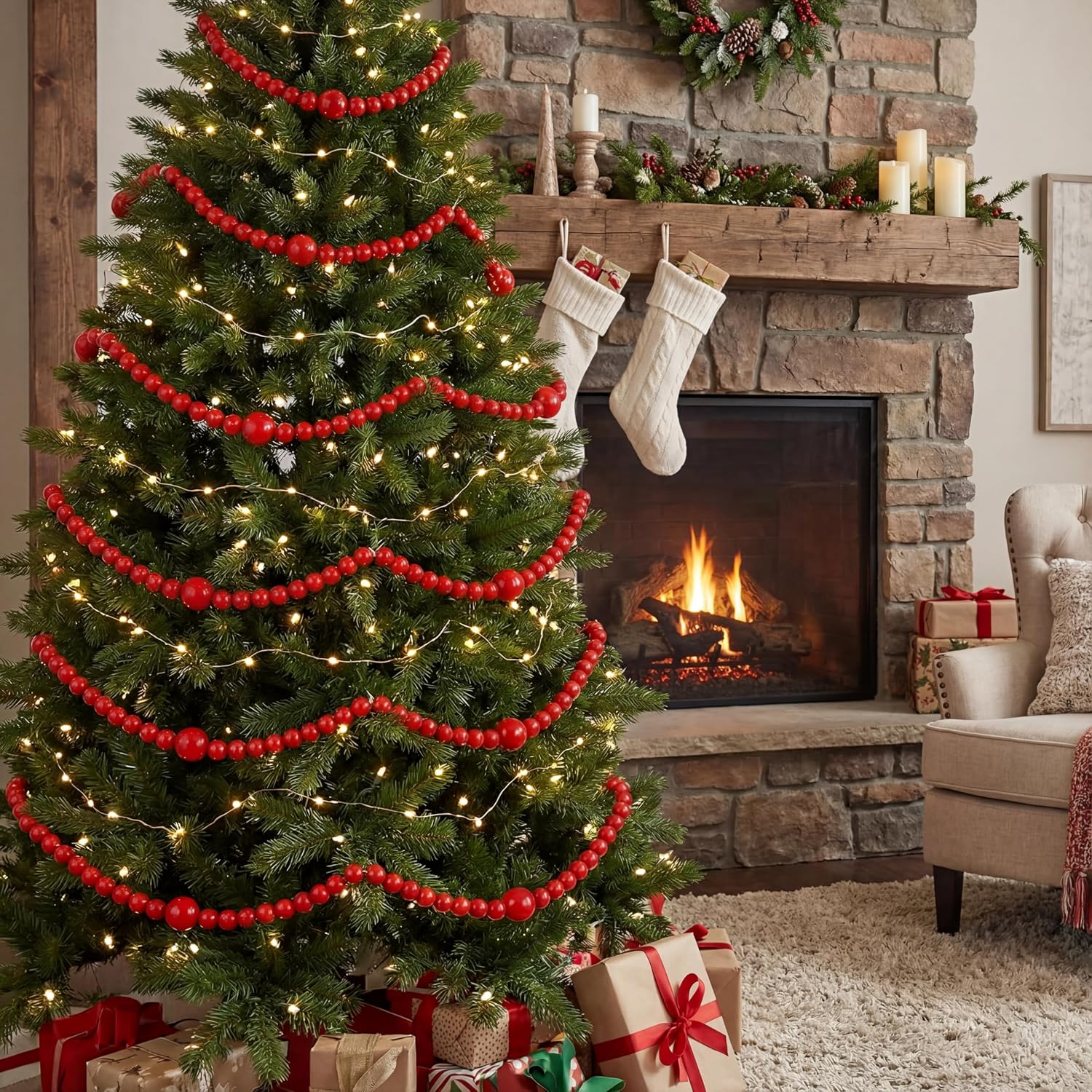 8 Pack 9 ft Rustic Christmas Wood Bead Garland for Xmas Tree Mantel Fireplace Stairs Coffee Table Decor Farmhouse