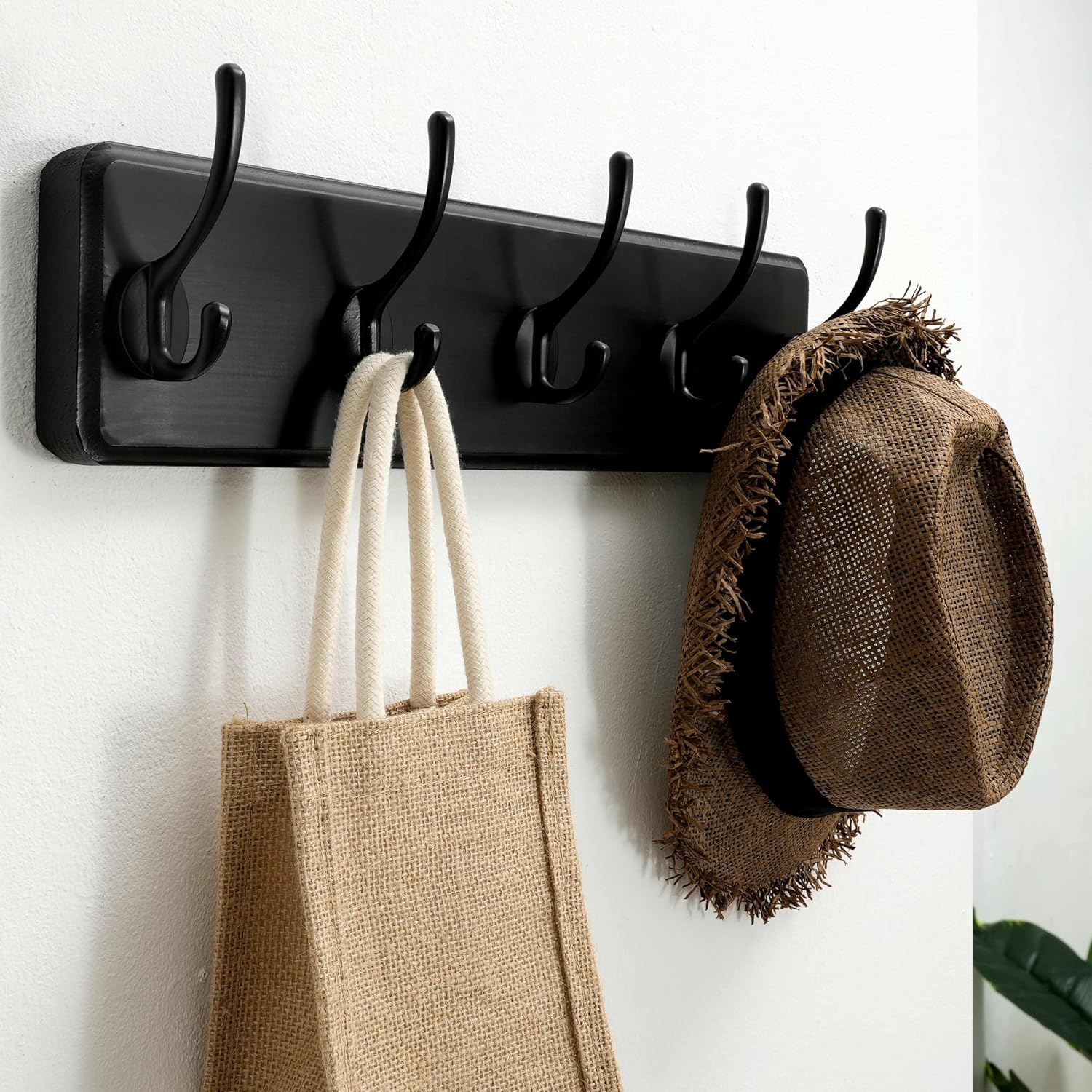 SKOLOO Rustic Wall Mounted Coat Rack, Pine Solid Wood Coat Hook Hanger - 5 Hooks for Hanging Clothes Robes Towels Coats