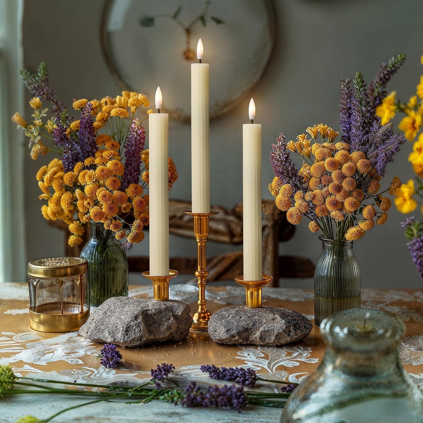 10" Fluted LED Ivory Grooved Pillar Candles with 2 Remotes & 24h Timer Memory, On/Off Switch - Flameless Dimmable