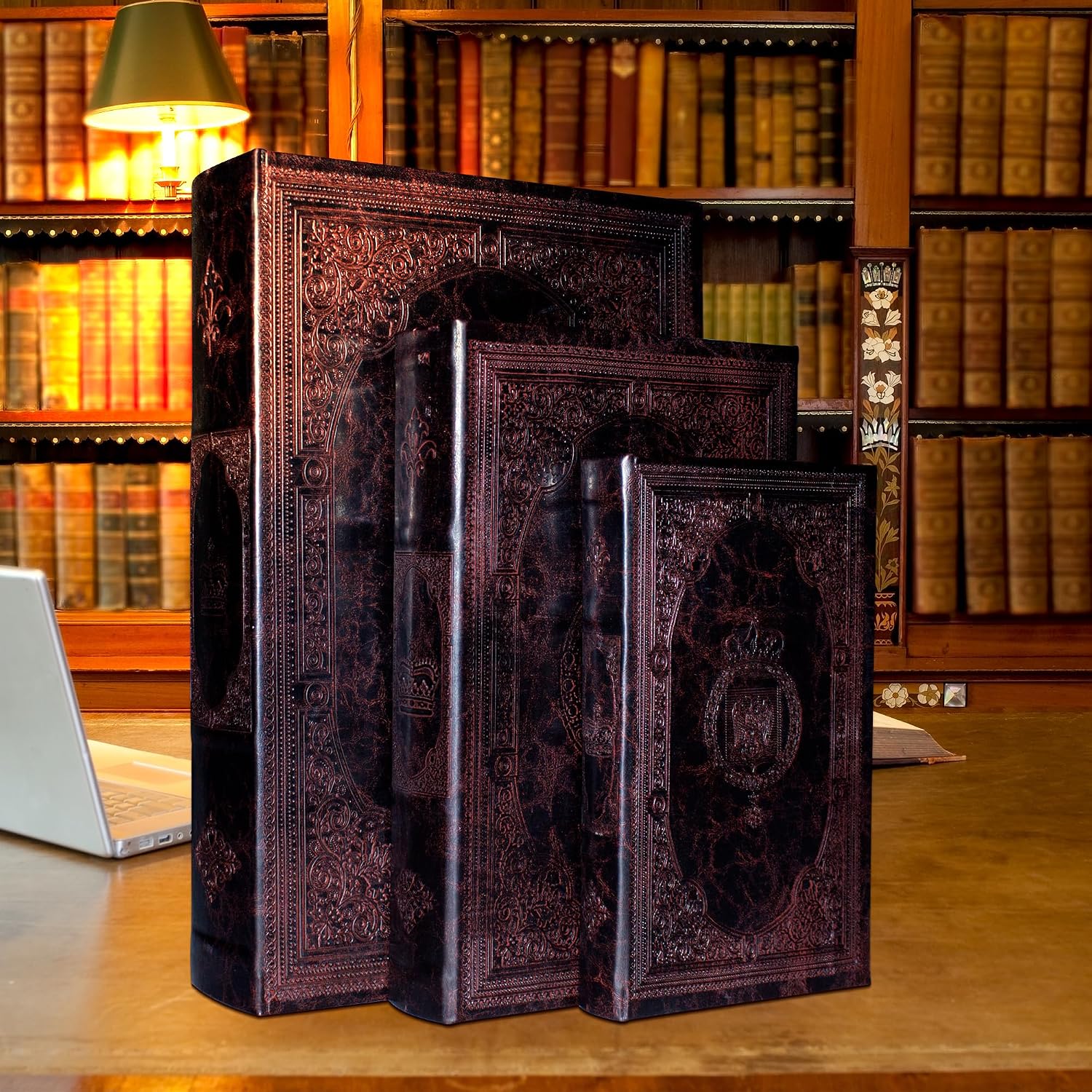 Vintage Style Book Shaped Storage Box / Leather Embossed Cover / Set of 3
