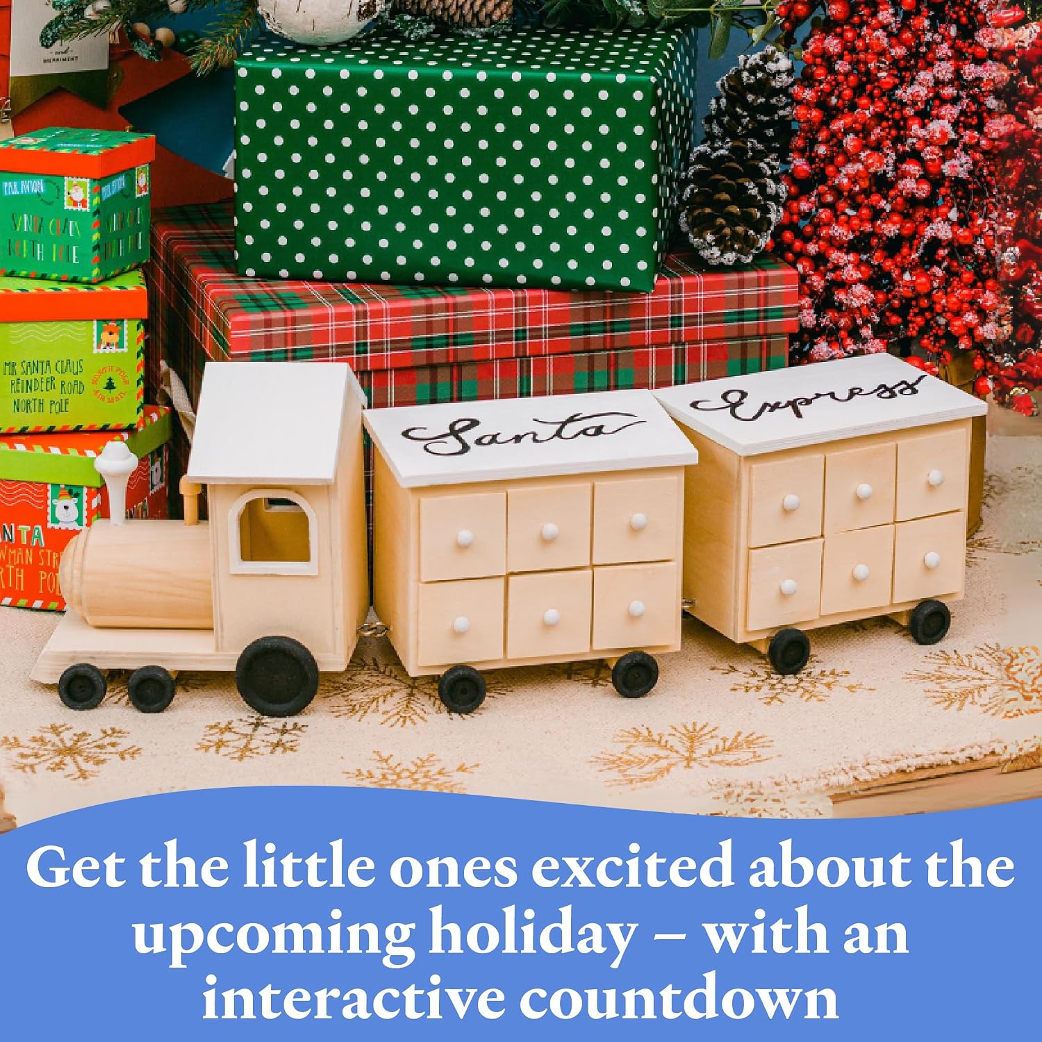 Train Wood Advent Calendar 8 x 22 Inch, Pack of 1 Unfinished Christmas Advent Calendar With 24 Empty Drawers for