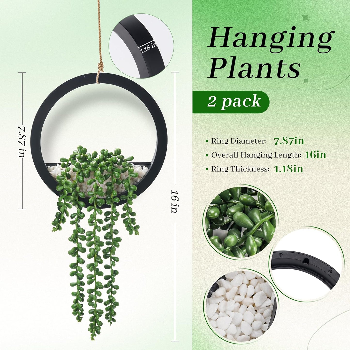 Fake Plants Hanging Artificial Succulents Plants in Pots / Black / Set of 2