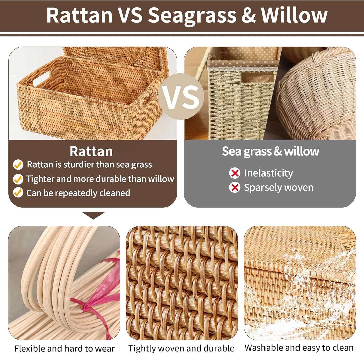 Rattan Basket / Large Lidded Basket For Storage / 11.81 x 7.87 x 5.91
