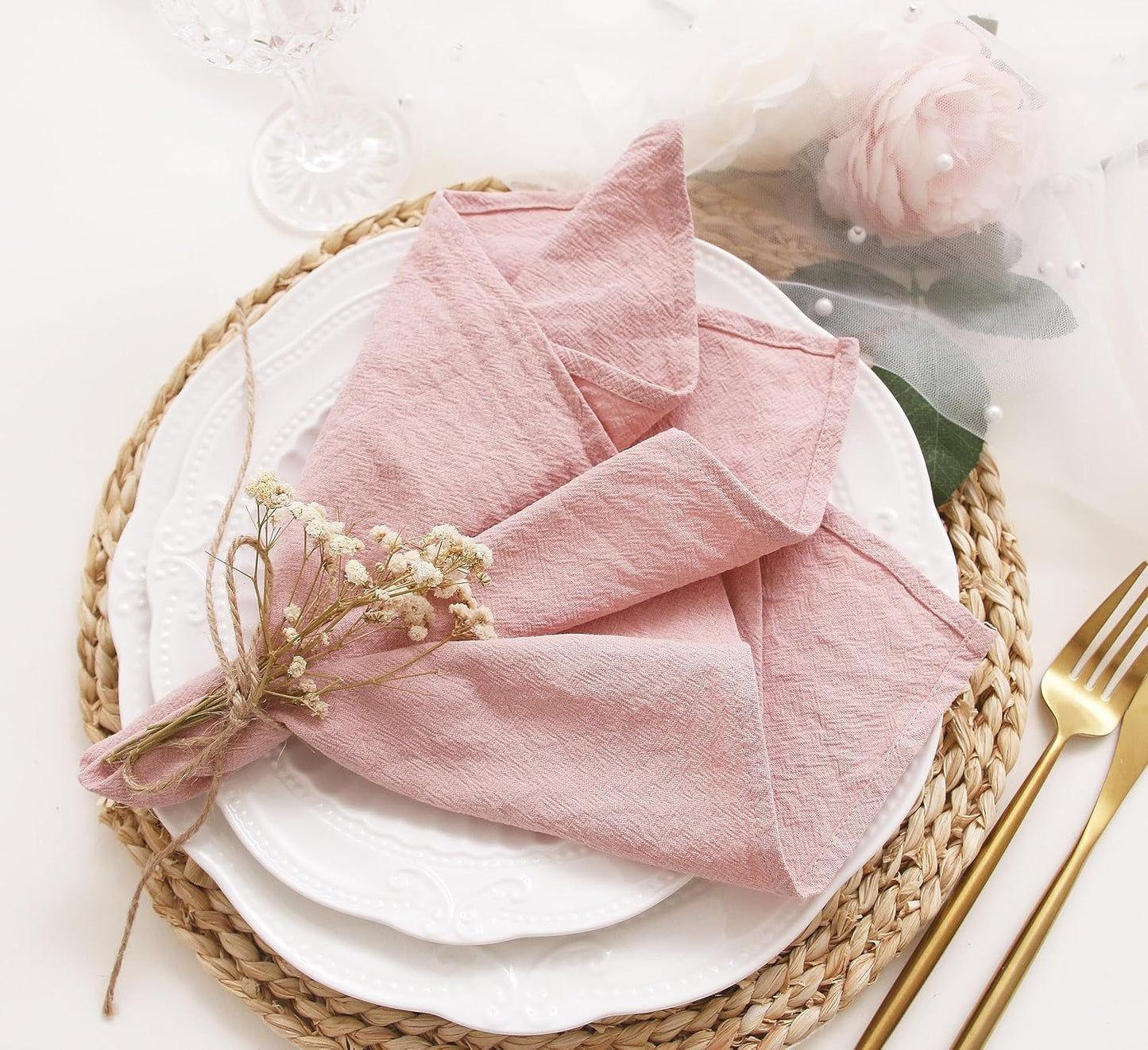 Pink Cotton Dinner Napkins Set of 12, 16 x 16 Inch Cloth Napkins | Washable Fabric Napkins with Hemmed Edges for