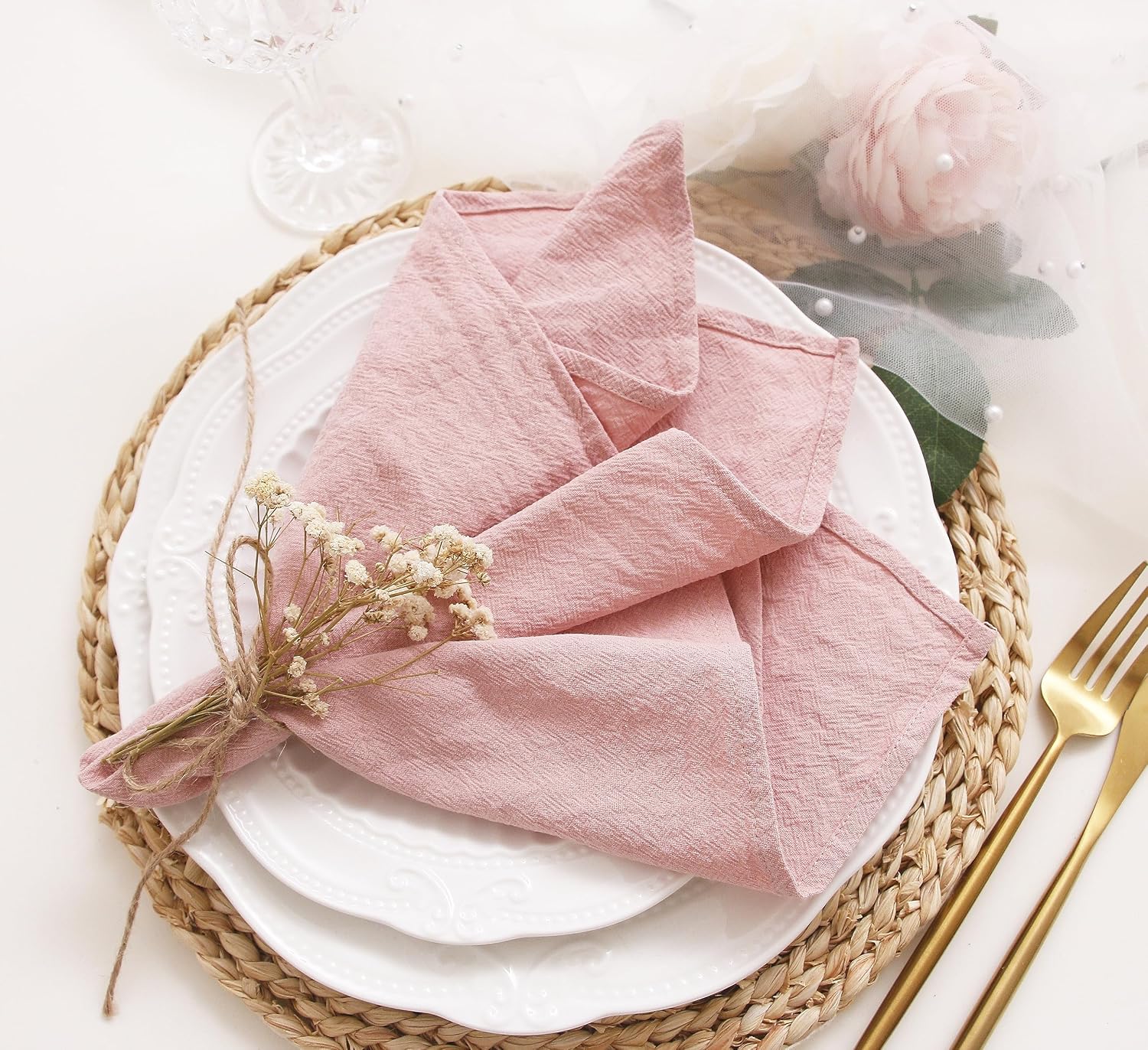 Pink Cotton Dinner Napkins Set of 12, 16 x 16 Inch Cloth Napkins | Washable Fabric Napkins with Hemmed Edges for