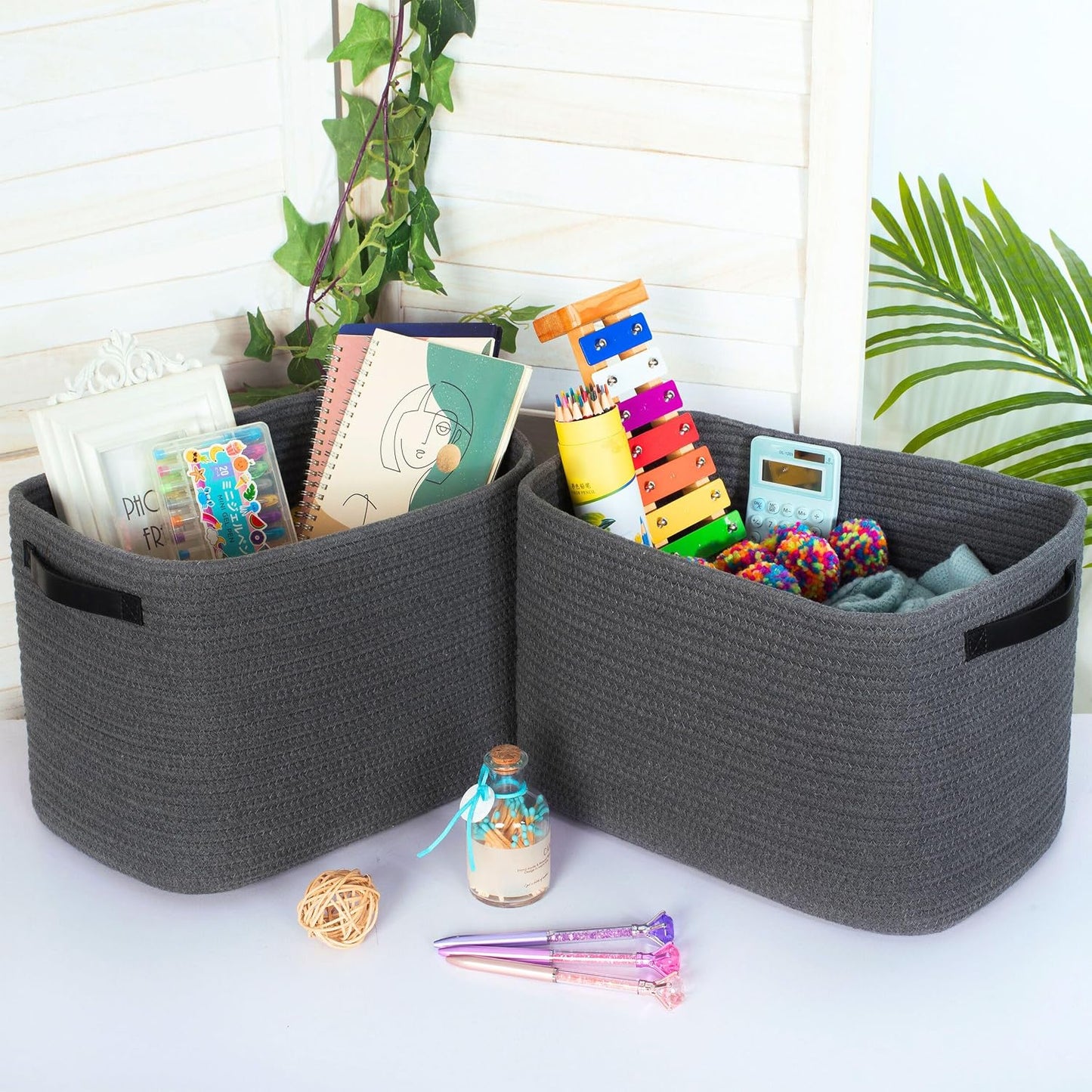 Decorative Woven Storage Baskets / Charcoal Gray / Black / Set of 3