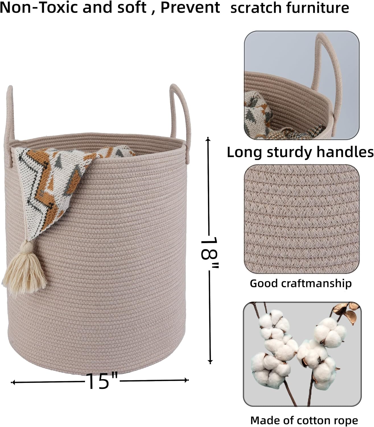 Cotton Rope Laundry Basket Hamper for Clothes Woven Storage Basket / Konjac / Regular