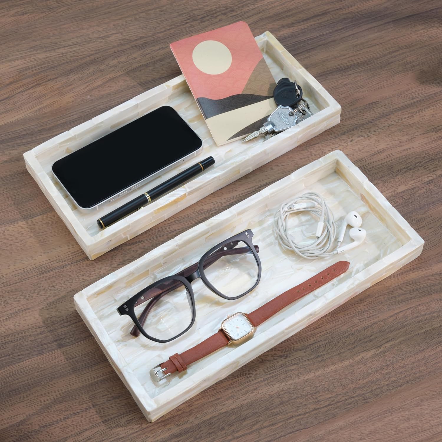 11" Wooden Vanity Tray for Perfume Makeup Kitchen Sink / White Tile / Set of 2