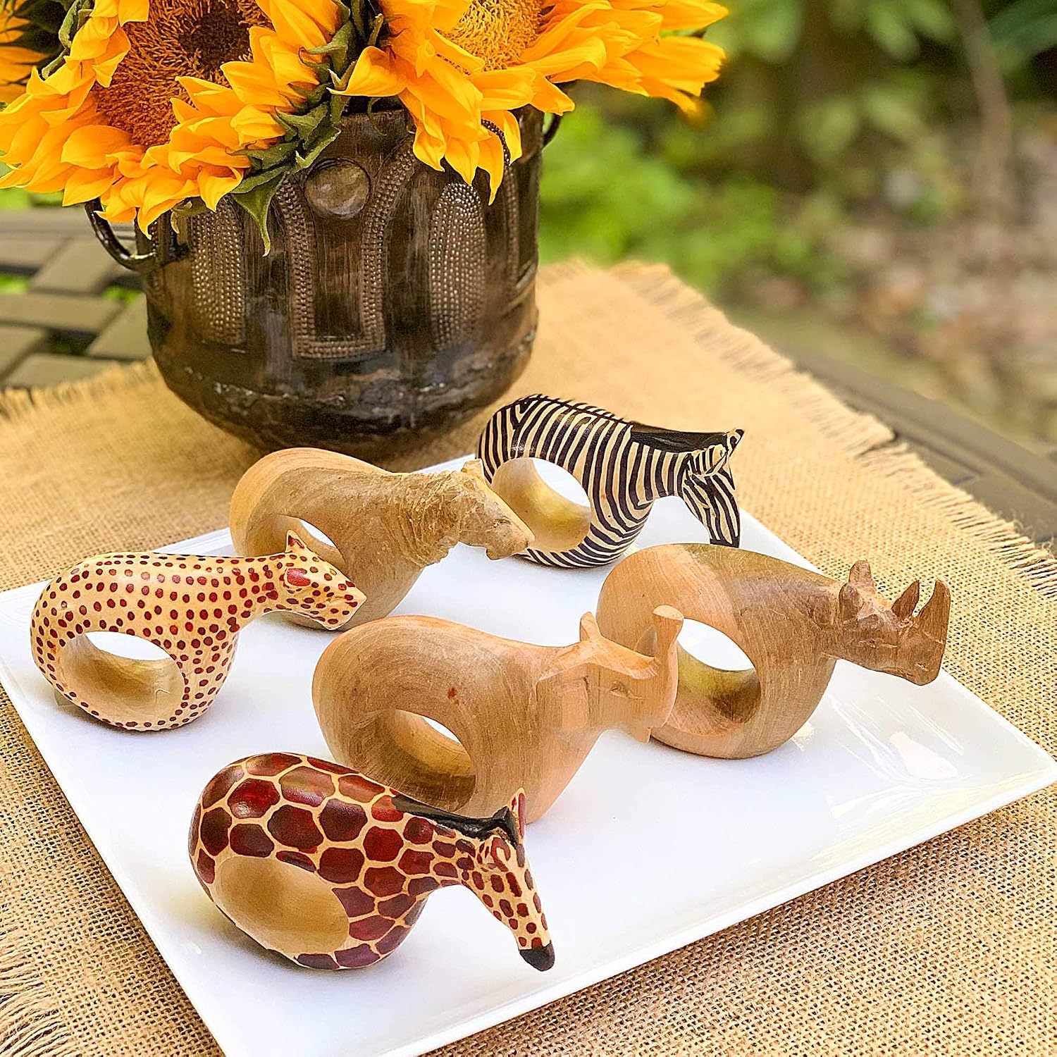Mahogany Wood Animal Napkin Rings Set of Six / Assorted Animals