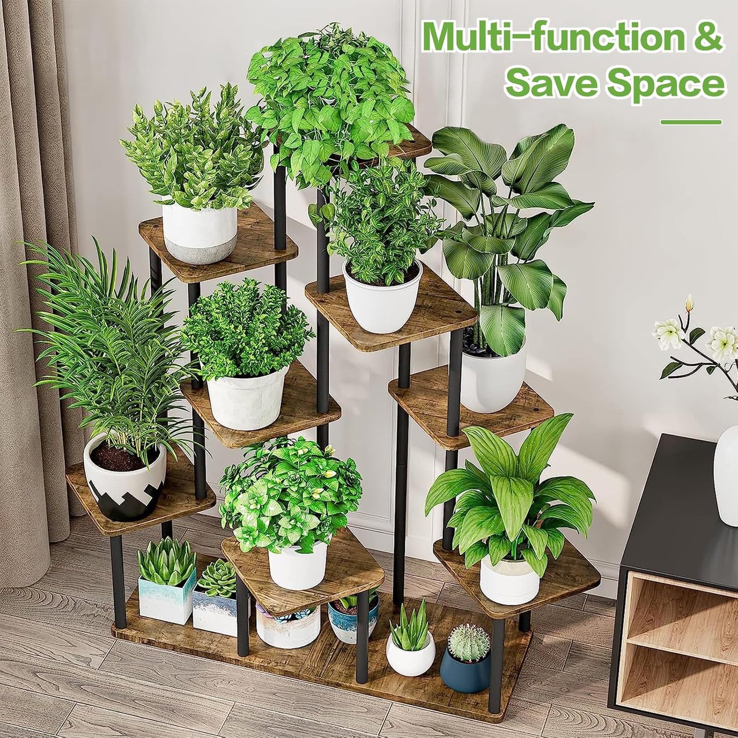 9 Tier Plant Stand Indoor, Thickened Metal Wood Corner Plant Shelf Stands for Multiple Plants, Indoor Tall Plants Stand