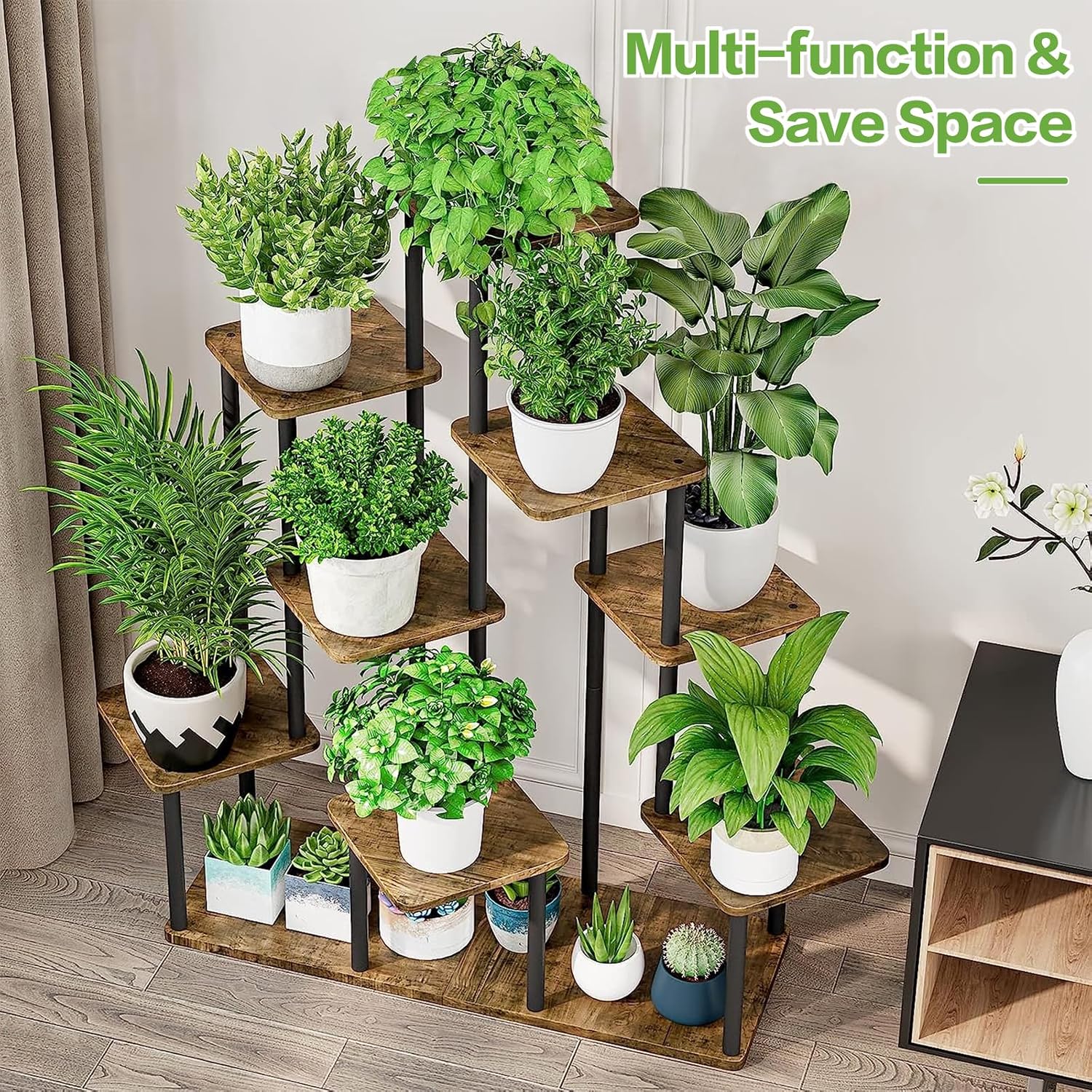 9 Tier Plant Stand Indoor, Thickened Metal Wood Corner Plant Shelf Stands for Multiple Plants, Indoor Tall Plants Stand