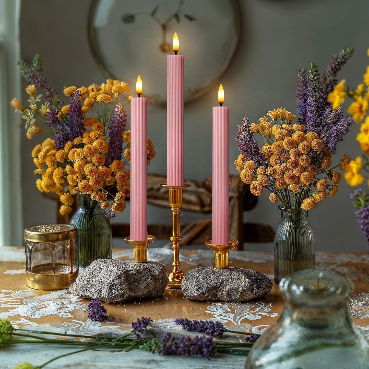 10" Fluted Ribbed LED Dusty Rose Grooved Real Wax Taper Candles, Remote & 24h Timer Memory, On/Off Switch - Flameless