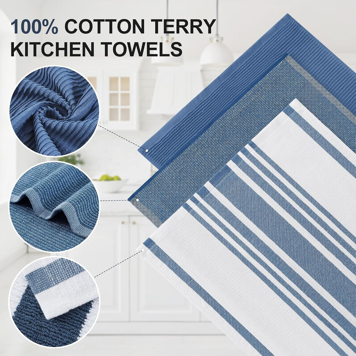 Homaxy Cotton 380 GSM Premium Kitchen Towels, 18"x 28", 12 Pack, Navy Blue | Soft and Absorbent Terry Dish Towels