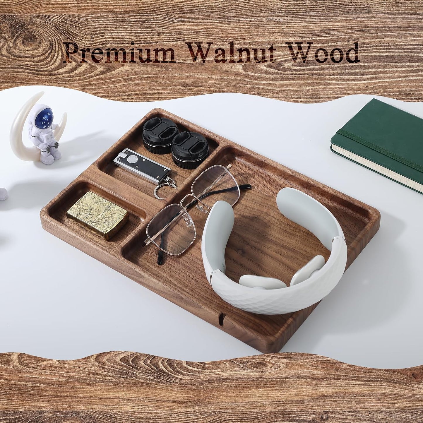 Personalized Walnut Valet Tray – Custom Engraved Wooden Nightstand Organizer, Personalized Gift for Dad Mom Men Women