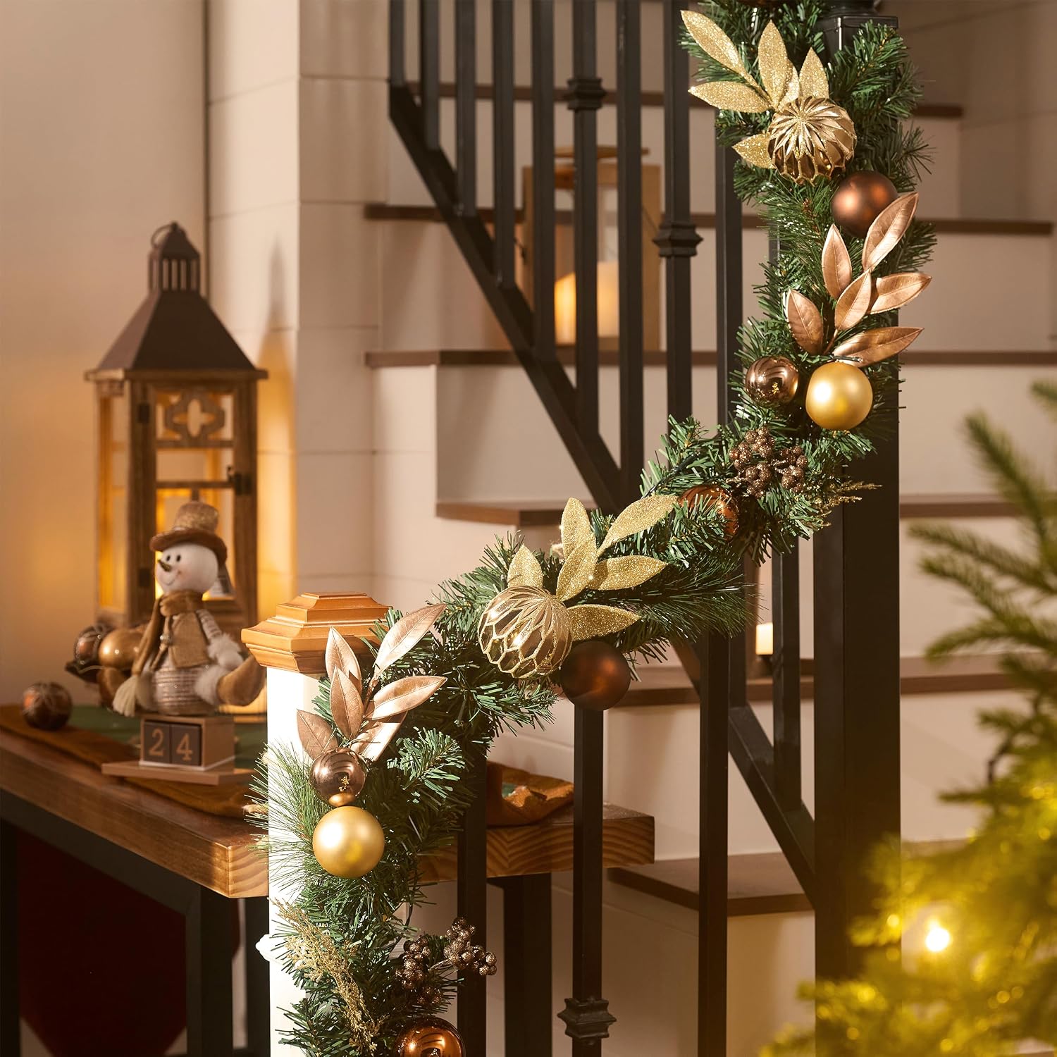 Valery Madelyn 6 Ft Pre-Lit Christmas Garland with Lights for Mantle, Lighted Outdoor Xmas Garland with Copper Gold