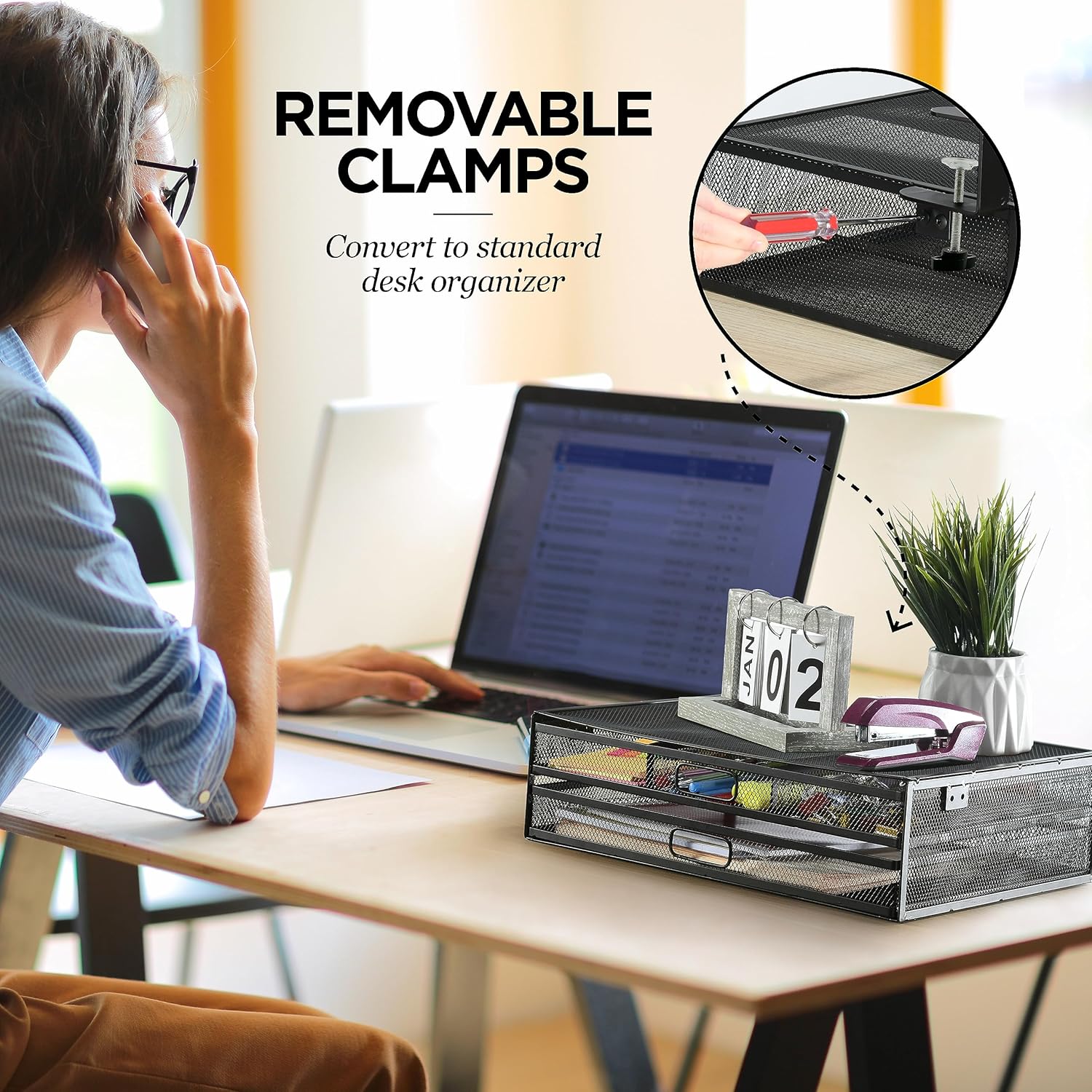 Homeify Under Desk Drawer Organizer Clamp-On, Mesh Metal Drawer Attachment, 2 Drawer Slide Out, On Or Under Desk