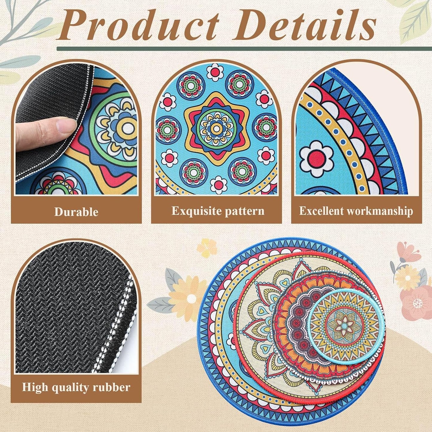 Boho Plant Pot Mat 4 Size 9.84" 7.87" 5.9" 3.94" Rubber Absorbent Non Slip Pot House / Set of 8