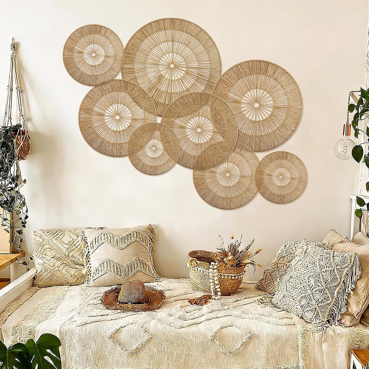 Boho Wall Decoration Jute Wall Decor Baskets Round Hand Woven Wicker Rattan Wall Art / Set of 8